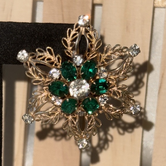 Vintage 1940’s Scitarelli Signed Brooch Gold Filigree Green & Clear Rhinestones - Picture 9 of 10